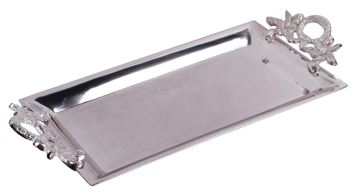 Buy in Bulk Wholesale Metal Decorative Tray - 18” Rectangular Silver Color - Hand-Etched Serving Tray with Decorative Aluminium Handles - Home Decor/Kitchen Essentials